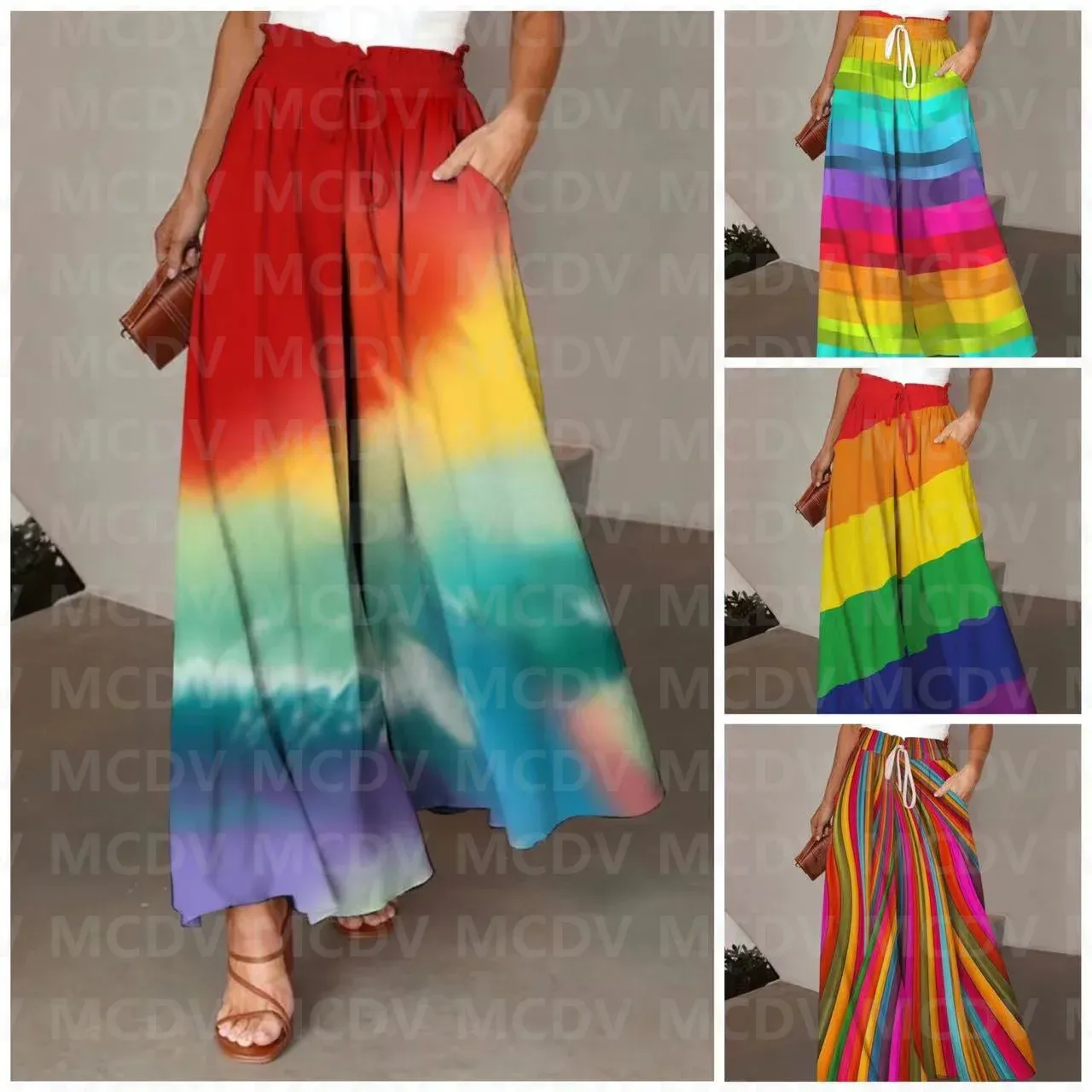 Capris Women's Rainbow Plaid Art Wide Leg Pants 3D Printed Women's Casual Pants 5 Color