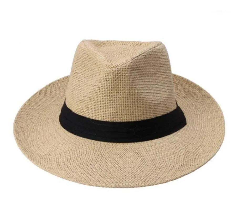 Moda letnie unisex plażowa trilby duża brzeg Jazz Sun Hat Panama Hat Paper Słomka Kobiety Czapka z czarną wstążką12785462