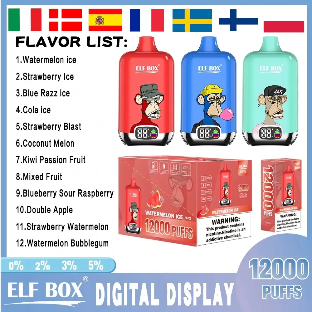 Originele ELF BOX Digitaal display 12000 trekjes Wegwerp-e-sigaretten Vape-pen met luchtstroomregeling Oplaadbare 850 mAh batterij Mesh Coil 20 ml Voorgevuld 12K 15K trekje