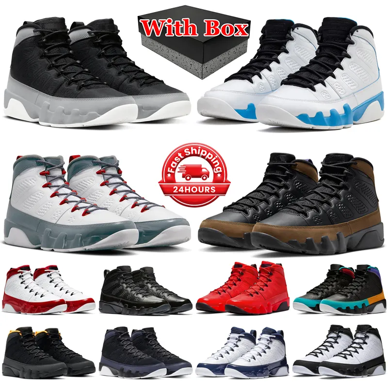 With box 9s jumpman 9 basketball shoes men Powder Blue Chile Fire Red Gym Particle Grey Light Olive Concord University Gold Space Jam mens trainers sports sneakers