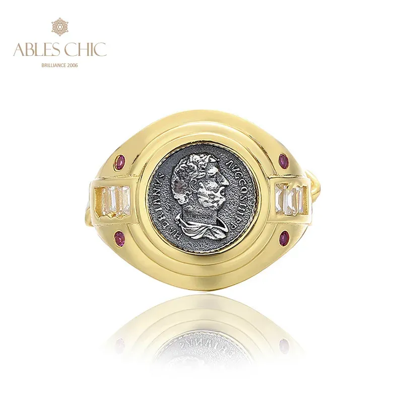 Rings Greek Hadrian Silver Coin 18K Gold Two Tone Solid 925 Silver Roman Coins Chained Vintage Ring R1015