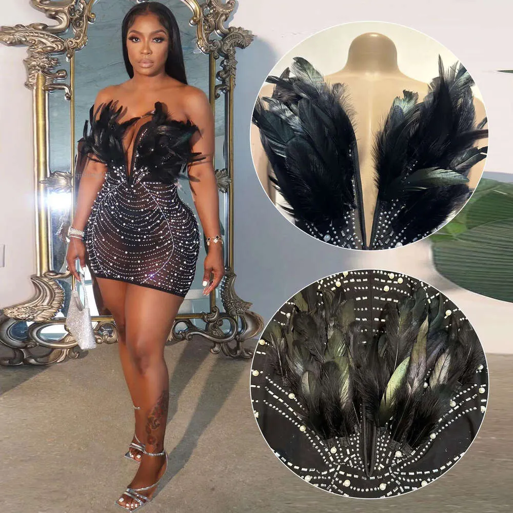 Robes décontractées Sexy Plumes Strass Dos Nu Diamant Sheer Mesh Moulante Pour Femme Rave Club Fête D'anniversaire Soirée Robes Gaoqisheng123