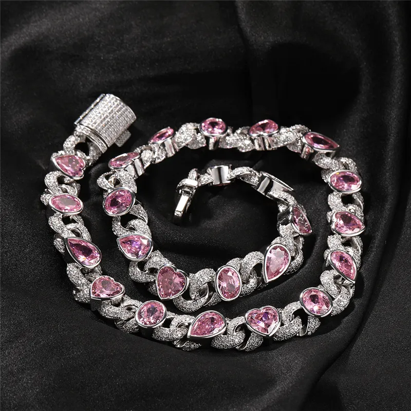 Collar de cadena de eslabones cubanos con forma de amor de circonita ostentosa para hombres y mujeres, Collar de cadena con diseño de diamante rosa de lujo