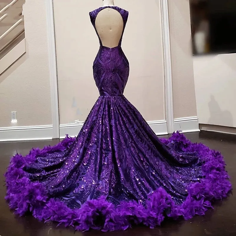 Purple Feathers Mermaid Prom Dresses For Black Girl Sequin Birthday Women Party Dresses 2023 Robes De Bal Evening Gowns