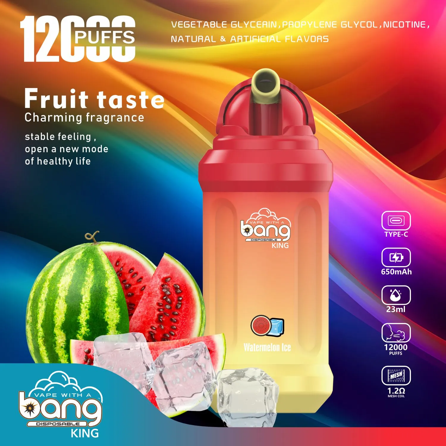 Original Bang King 12000 Puff Descartável Vapes Pen 12k E Cigarro 0% 2% 3% 5% Dispositivo Vaporizador de Nível 650mAh Bobina de Malha Recarregável 23ml Pod Pré-preenchido