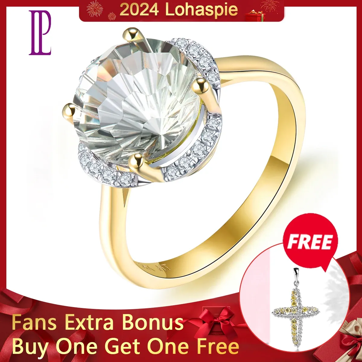 Pierścienie LP 3.76CT Natural Green Amethyst Quatrrz Diamond Real Diamond Pierścień dla kobiet solidne 14 -krotnie żółte złote biżuteria z kamienia szlachetnego