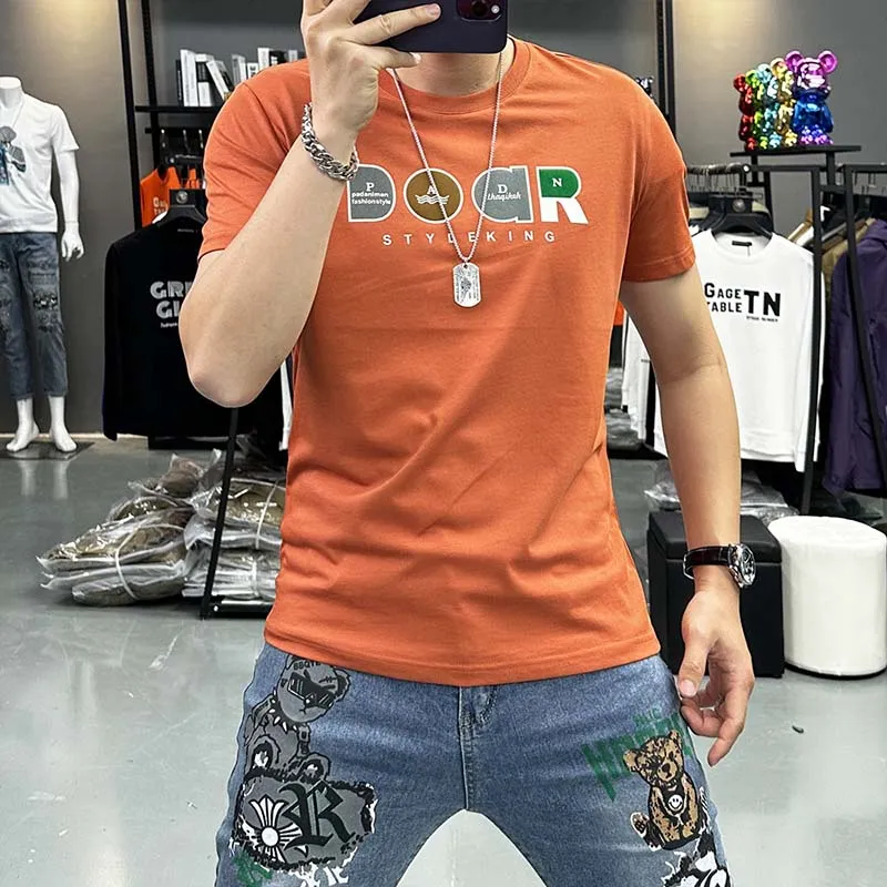 T-shirt Homme Été Nouveau Imprimé À Manches Courtes À La Mode Col Rond Tendance Haut Soie Coton Bas Chemise Slim Fit Mâle T-shirts Vêtements