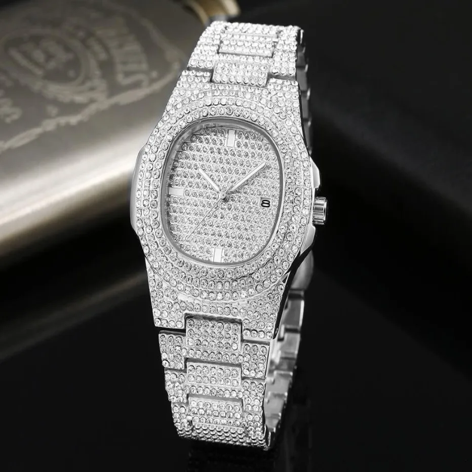 Reloj de lujo de cuarzo dorado con diamantes para hombre, pulsera automática con bisel de diamantes y esfera de nácar inoxidable, 260V