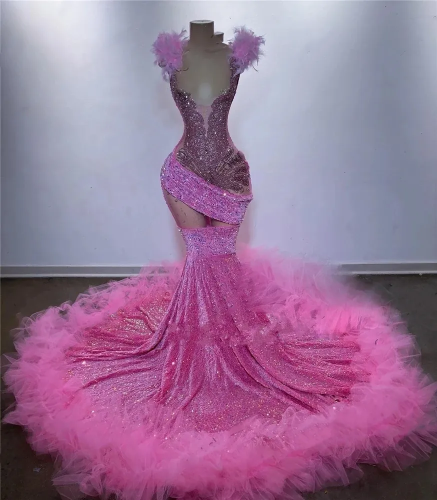 Sweetheart Pink Long Prom Gowns for Black Girls Beaded Crystal Birthday Party Dresses Sequined Evening Dress Feather Robe De Bal