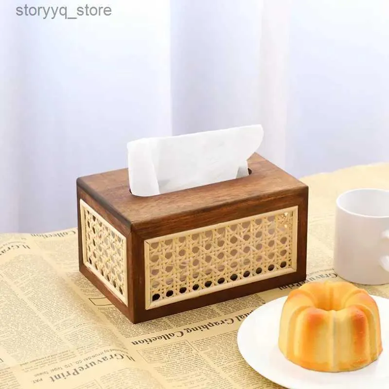 Tissue Boxes Napkins Vine Woven Desktop Solid Wood Tissue Box Living Room Napkin Box Rattan Wooden Tissue Box Rustic Black Holder Q240222