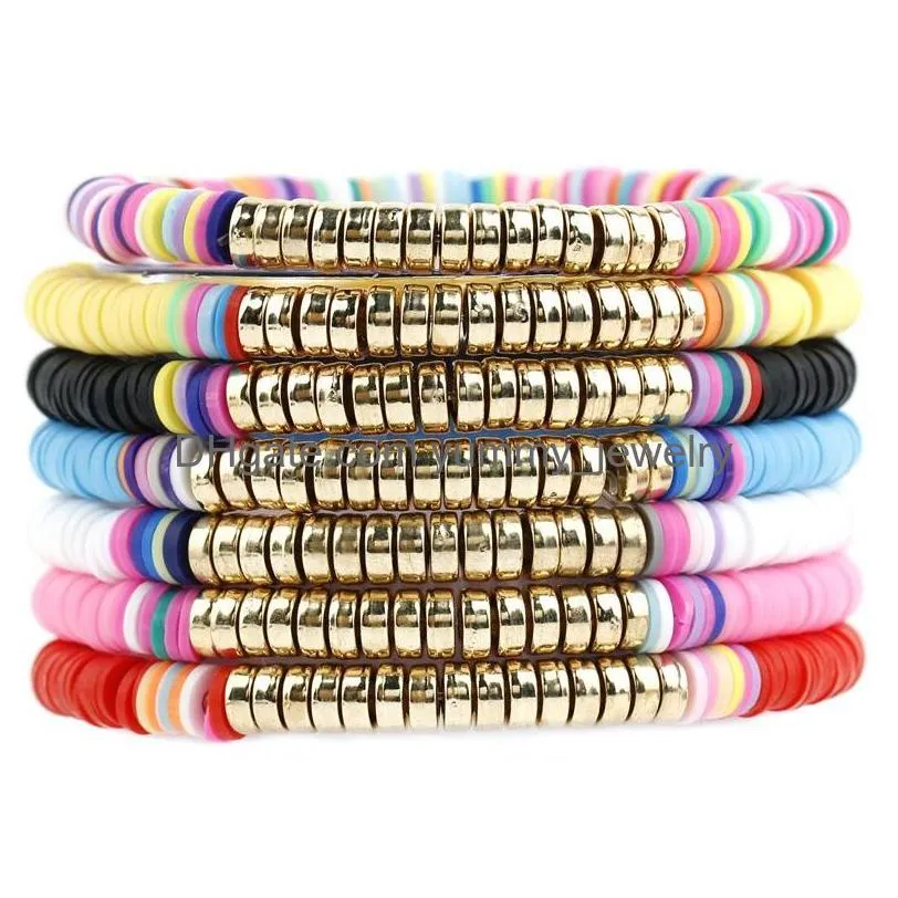 Perles 6mm Perles Strands Surfer Heishi Bracelets Empilables Colorf Stretch Gold Bracelet Élastique Bohême Été Plage Bijoux Cadeaux Pour Dhmxv