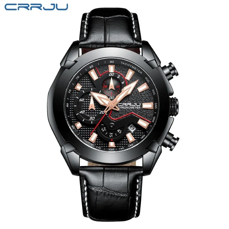 Crrju Mens Chronograph Quartz Watch Men Luxury Date Luminous Waterproof Watches Leath Strap Dress Wristswatch Erkek Kol SA266D