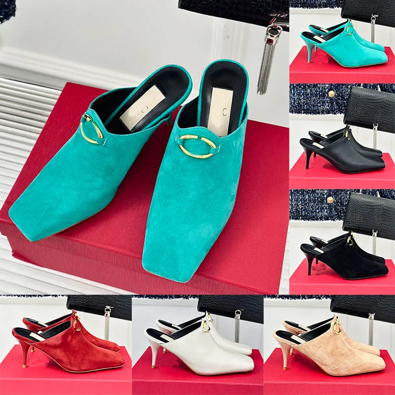 모카신 스웨이드 노새 디자이너 하프 슬리퍼 7.5cm 하이힐 여성 광장 발가락 고급 최고 품질의 소 가죽 양 스킨 드레스 게으른 사교계 신발 신발