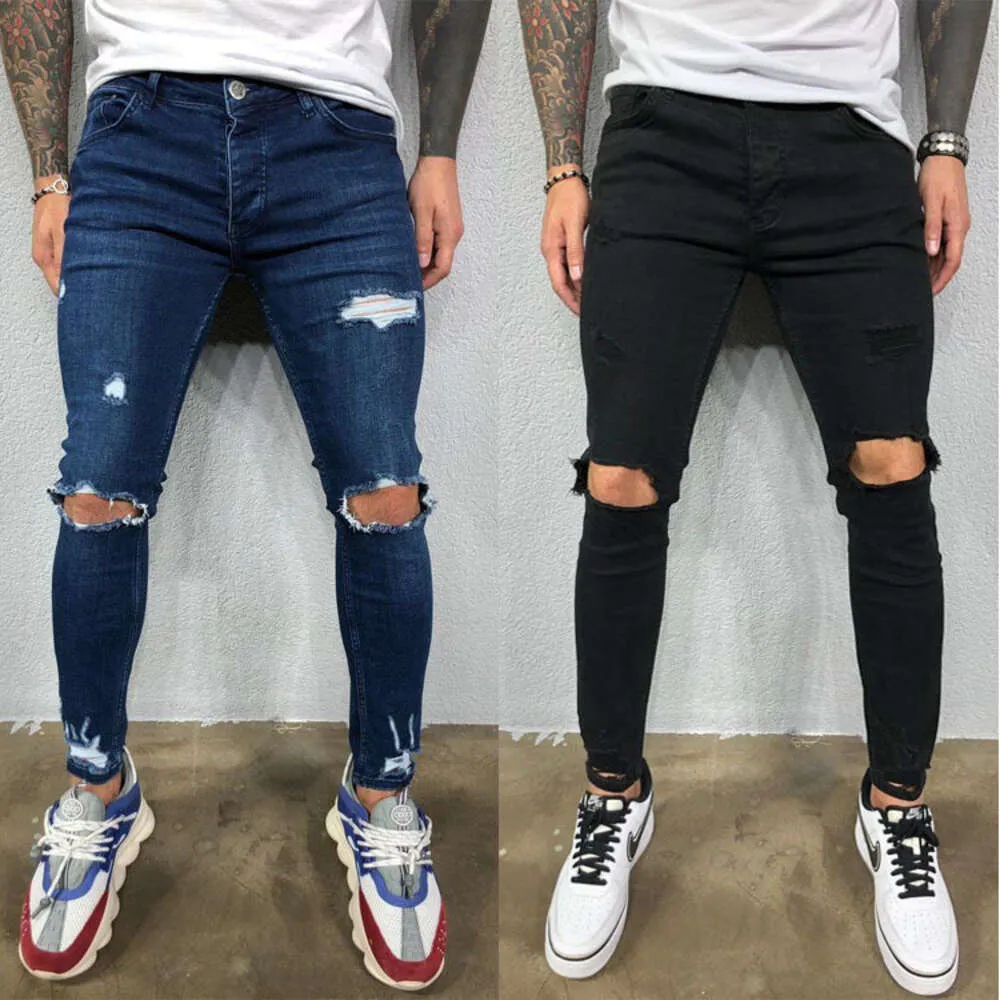 Spring Festival Does Not Close Highquality Mens Distressed Elastic Leg Jeans with Torn New Styles