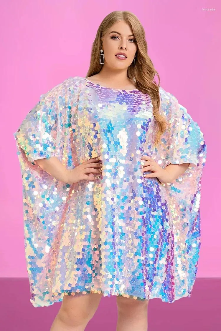 Plus Size Dresses Designparty Reflective Sequin Batwing Sleeves One Shoulder Mini Dress