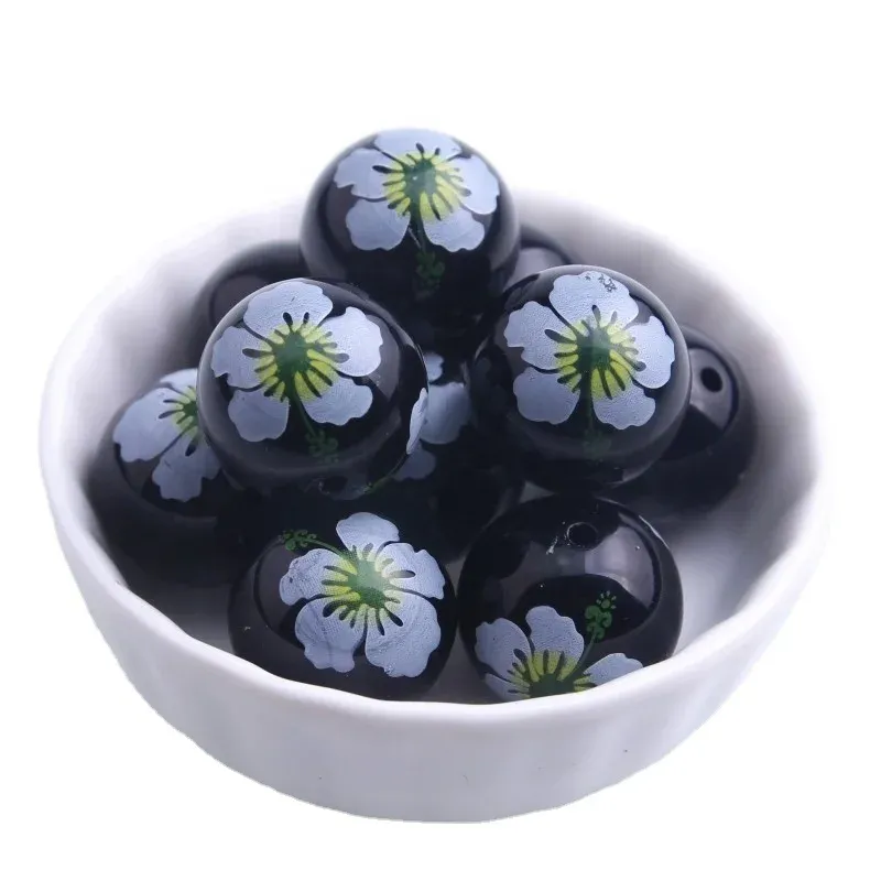 Collares Kwoi Vita Fashion 20 mm 100 piezas Chunky Black Solid Beads Imprimir Flor blanca para collar de acrílico Joyería