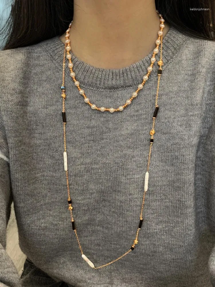 Colares Pingente Obsidian Frisado Palito Barroco Pérola Colar Feminino Estilo Longo Temperamento Camisola Cadeia Neckchain