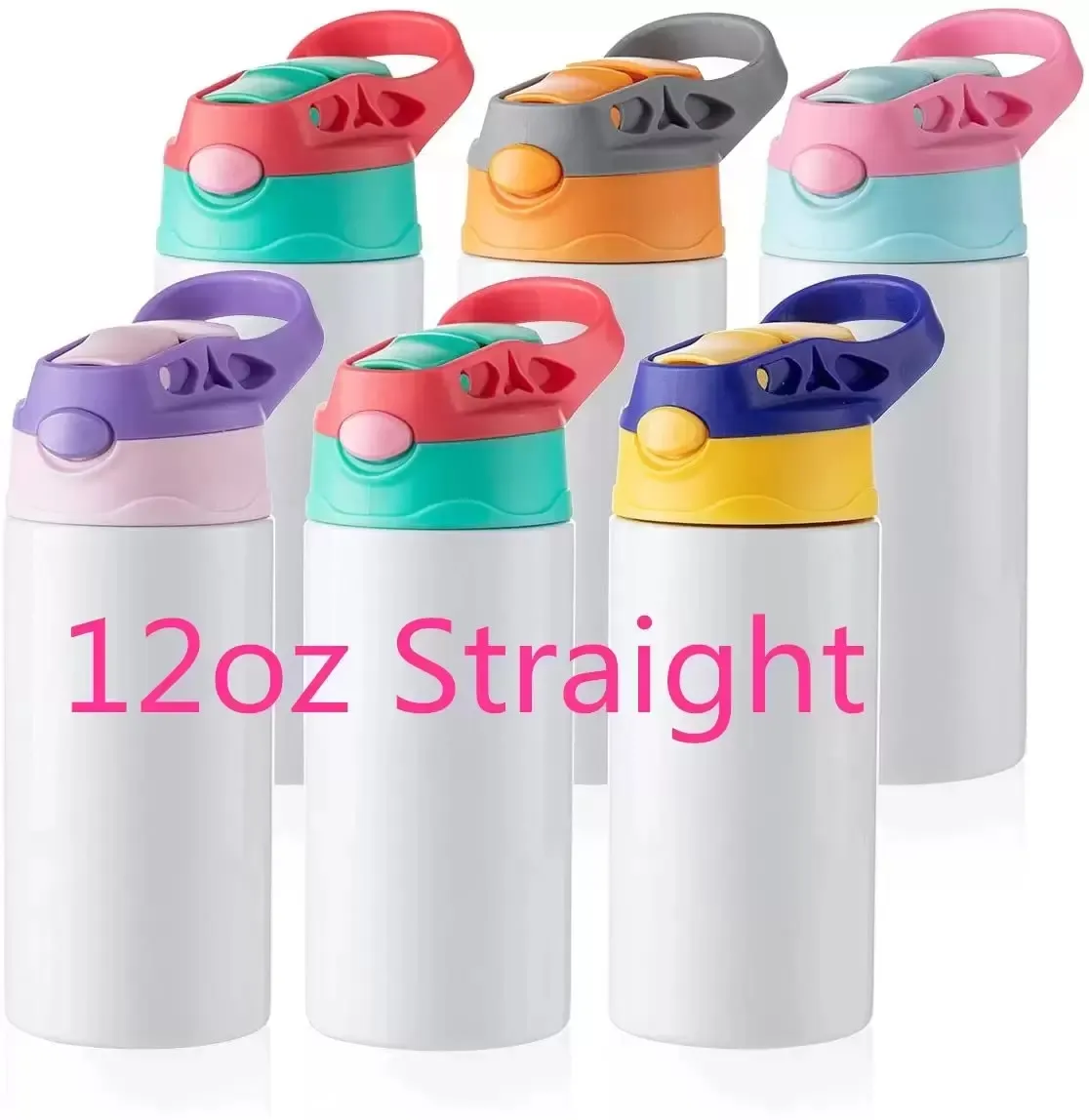 12oz تسامي الفراغات Kids Kids Mugs Tumbler Baby Bottle Cups Cups White Water Bottle with Straw and Lid 6 Color Lids FY5286