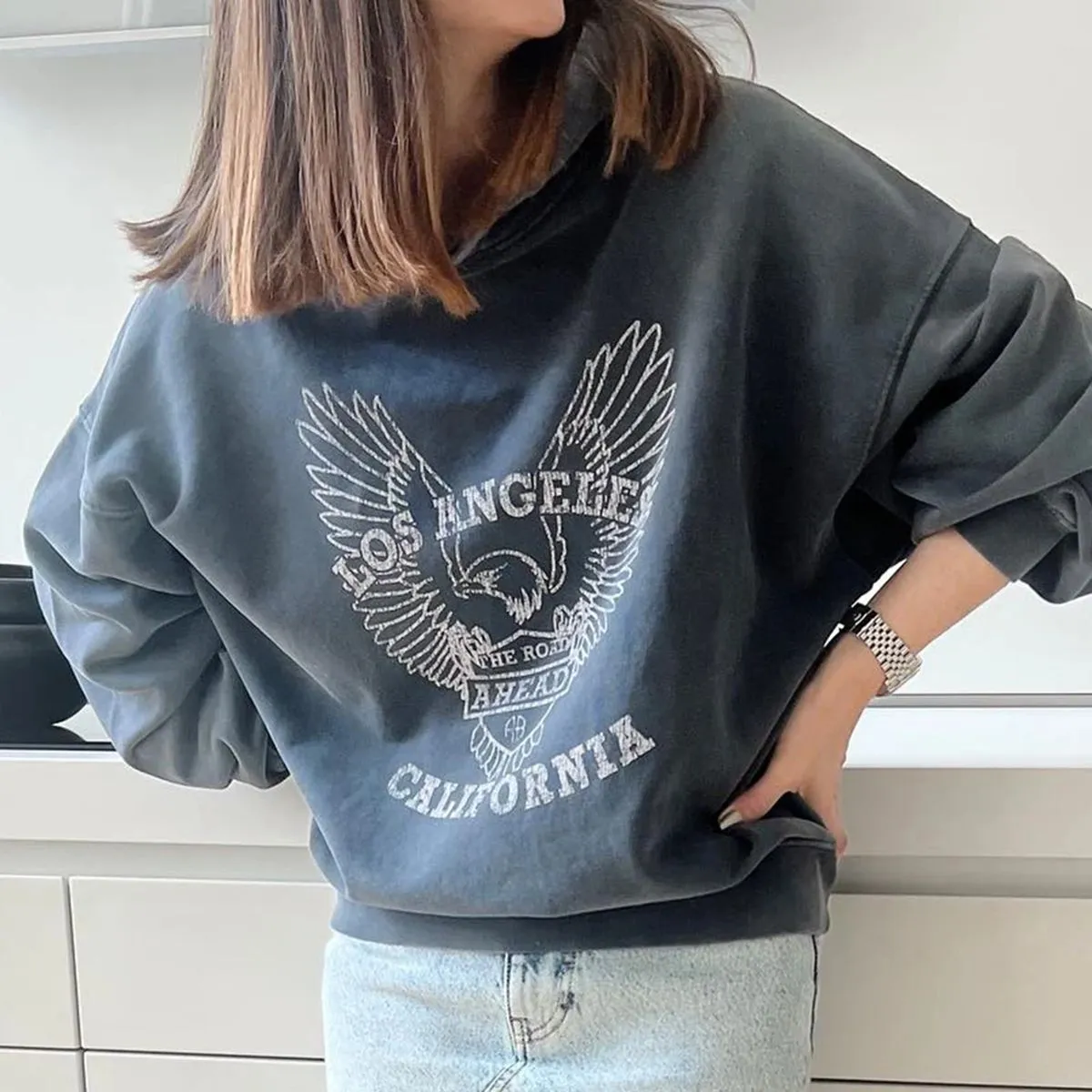 Felpa Con Cappuccio Vintage Sbiadita Con Stampa Aquila Donna Felpe Con Cappuccio Sportive Larghe In Cotone A Maniche Lunghe Primavera 2024 Felpe Con Cappuccio Nuove Moda Streetwear Top Oversize Di Lus...