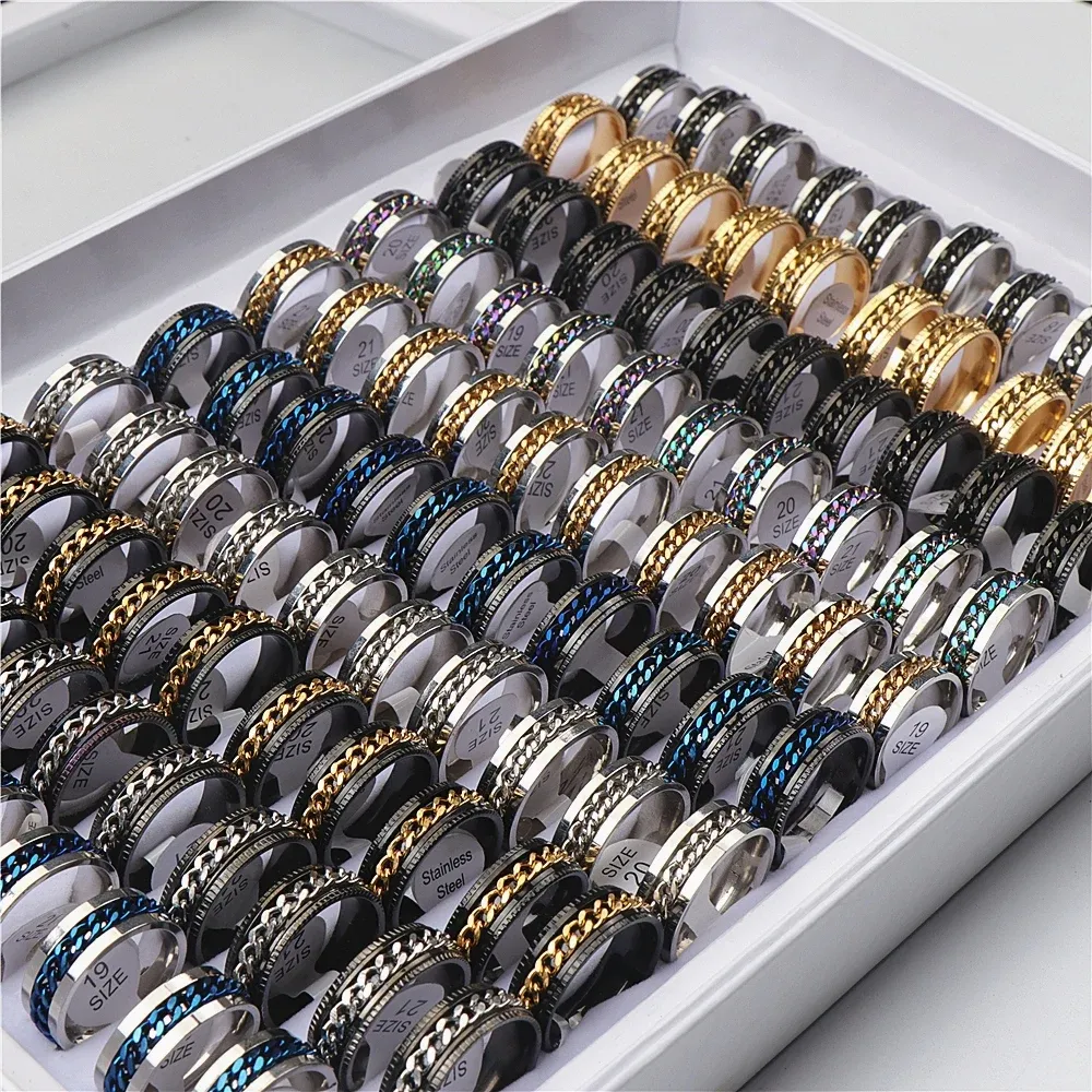 Rings 50pcs/lot Multicolor Spinner Stainless Steel Rings for Women Men Mix Style Fashion Rotatable Jewelry Party Gifts Wholesale