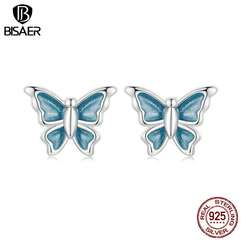 Brincos bisaer 925 prata esterlina azul butterfly brincos clipe de orelha de animal para mulher elegante platinum platinum fino presente de jóias