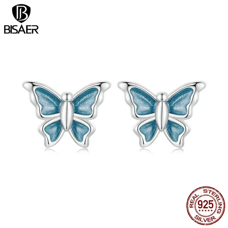 Boucles d'oreilles BISAER 925 argent Sterling bleu papillon boucles d'oreilles Animal oreille pince pour femme élégante plaqué platine bijoux fins cadeau