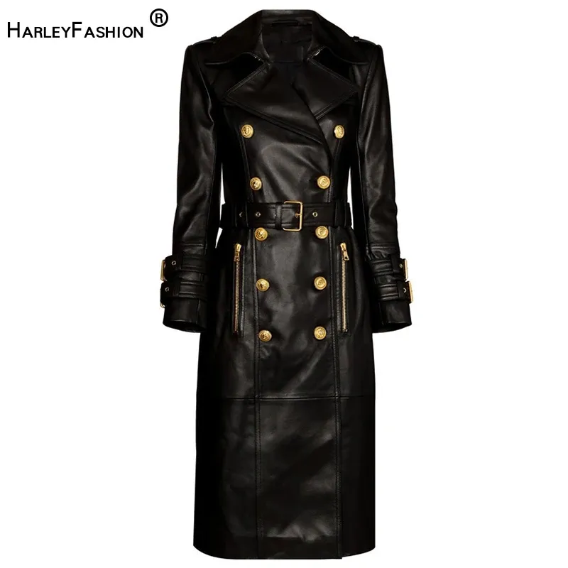 Équipement Nouveau design d'hiver Double Black Black PU Leather Long Coats For Ladies Quality Street Women Trench avec ceinture