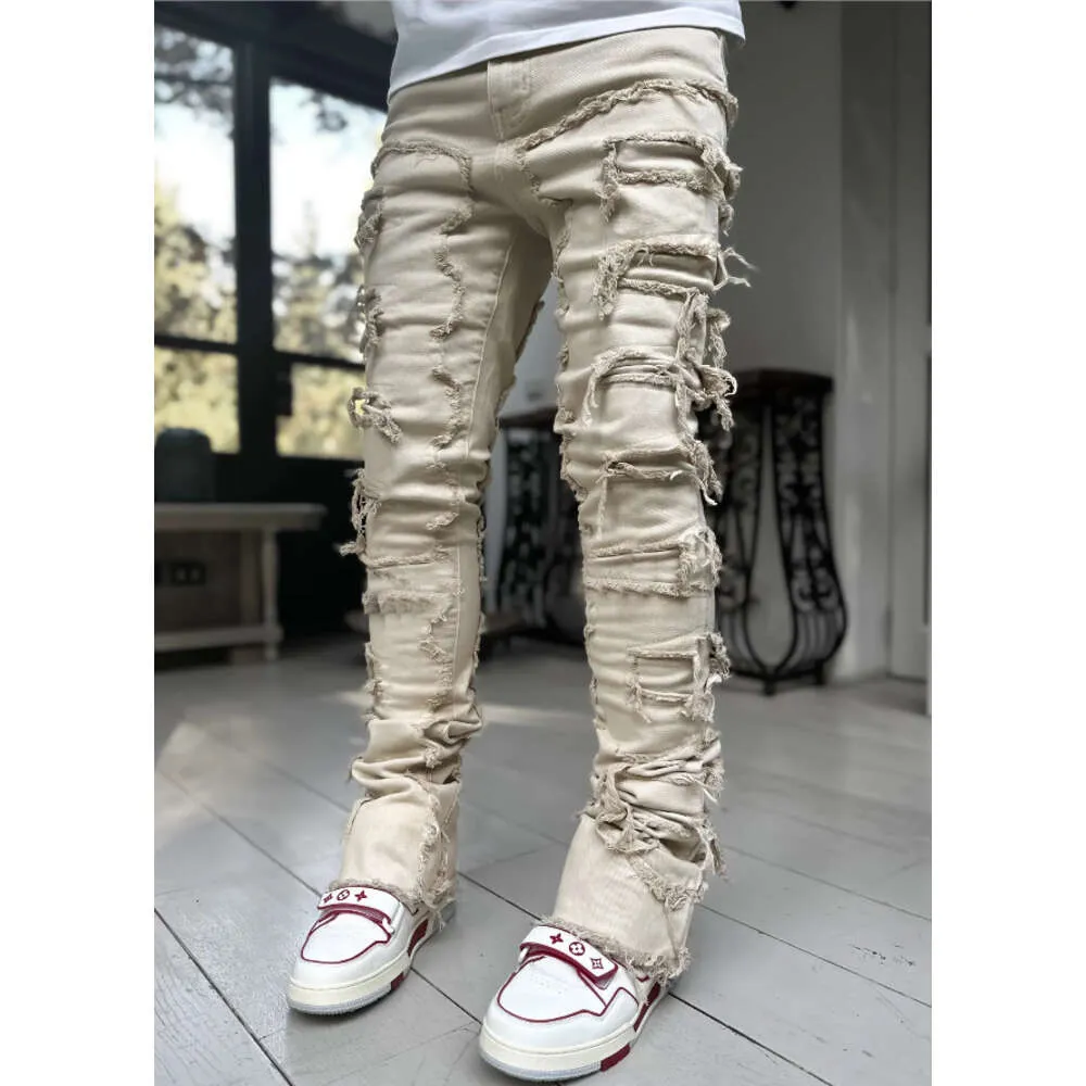 New Men's Street Fashion Ins Elastic Patch Denim Straight Leg Pants