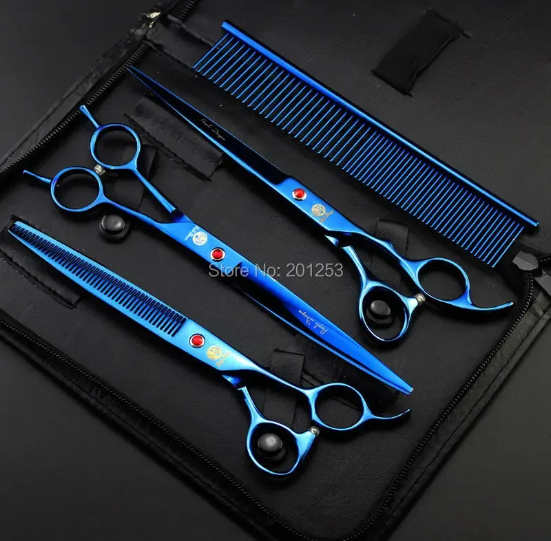 SHARS 8.0 "JP440C Professional Blue Pet Grooming Scissors Set Pet Shears rakt ThinningCurved Scissors 3 st/väska med kam B0048B