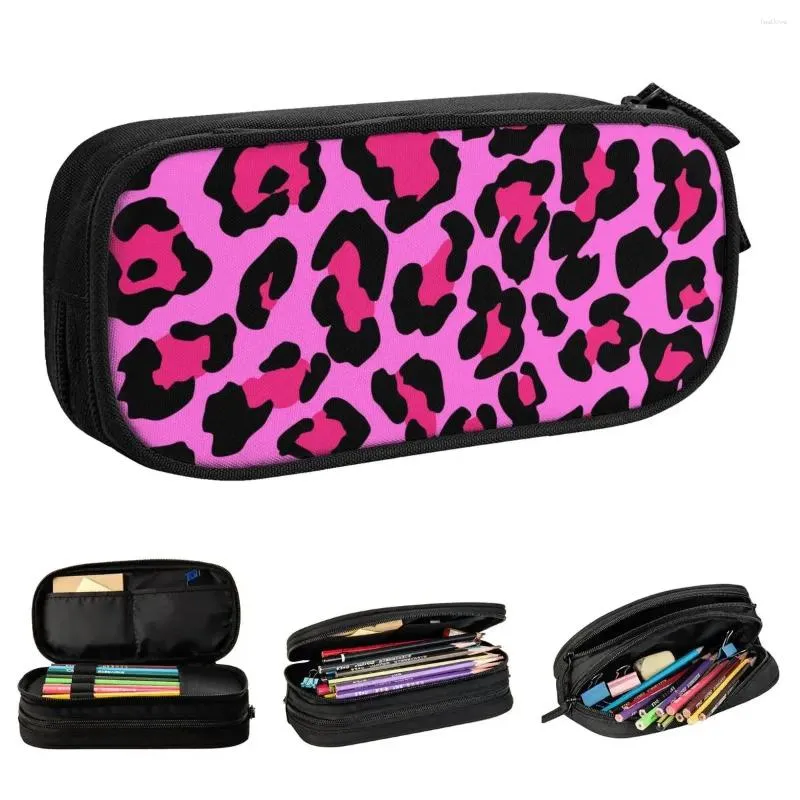 Cosmetic Bags Pink Leopard Pencil Cases Cheetah Animal Pencilcases Pen Box Kids Large Storage Bag Office Zipper Stationery