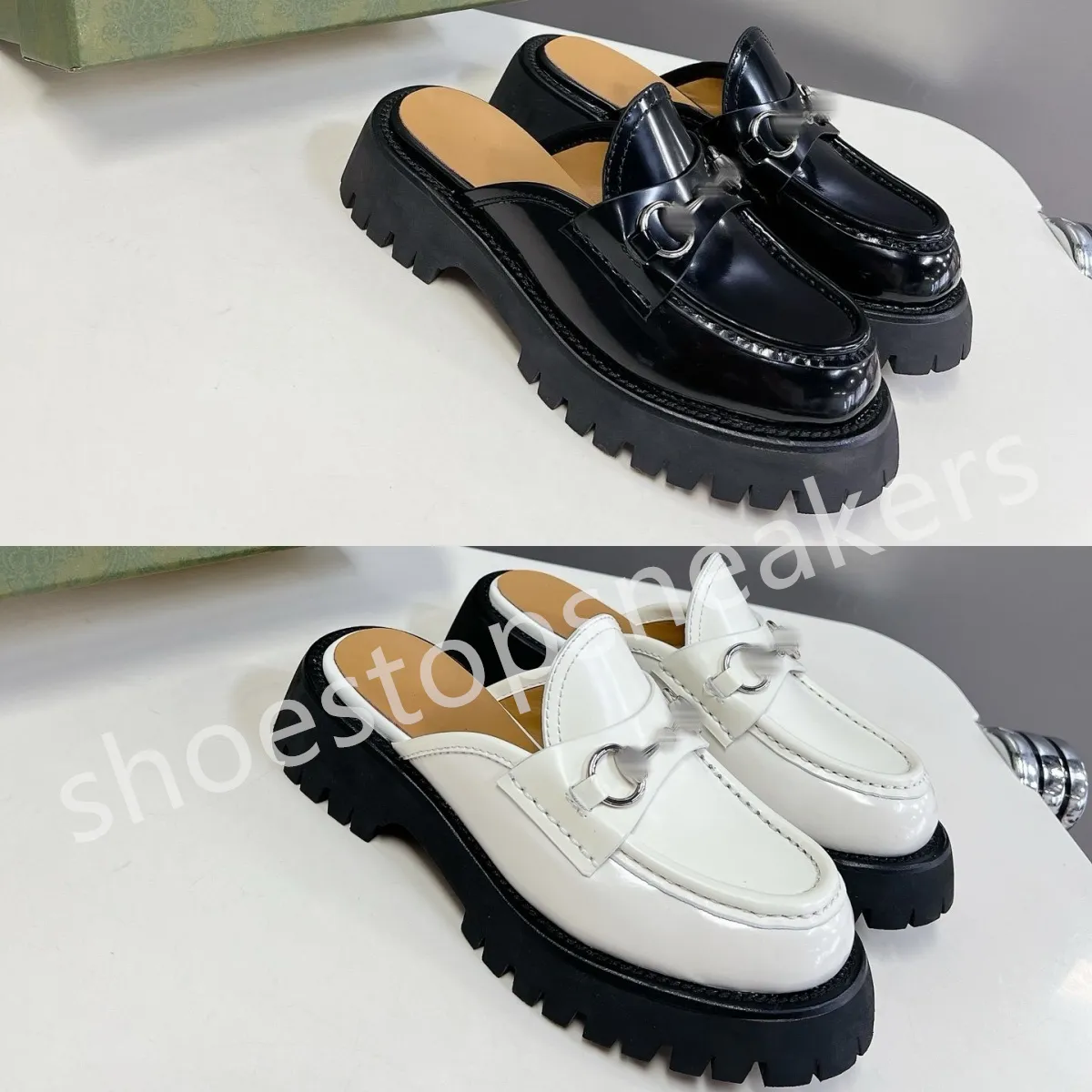 2024 nuove donne casual suola spessa mocassino pantofole designer pigro articolo in pelle di lusso con punta di cavallo fibbie in metallo suole spesse scarpe in due colori bianco nero taglia 35-40