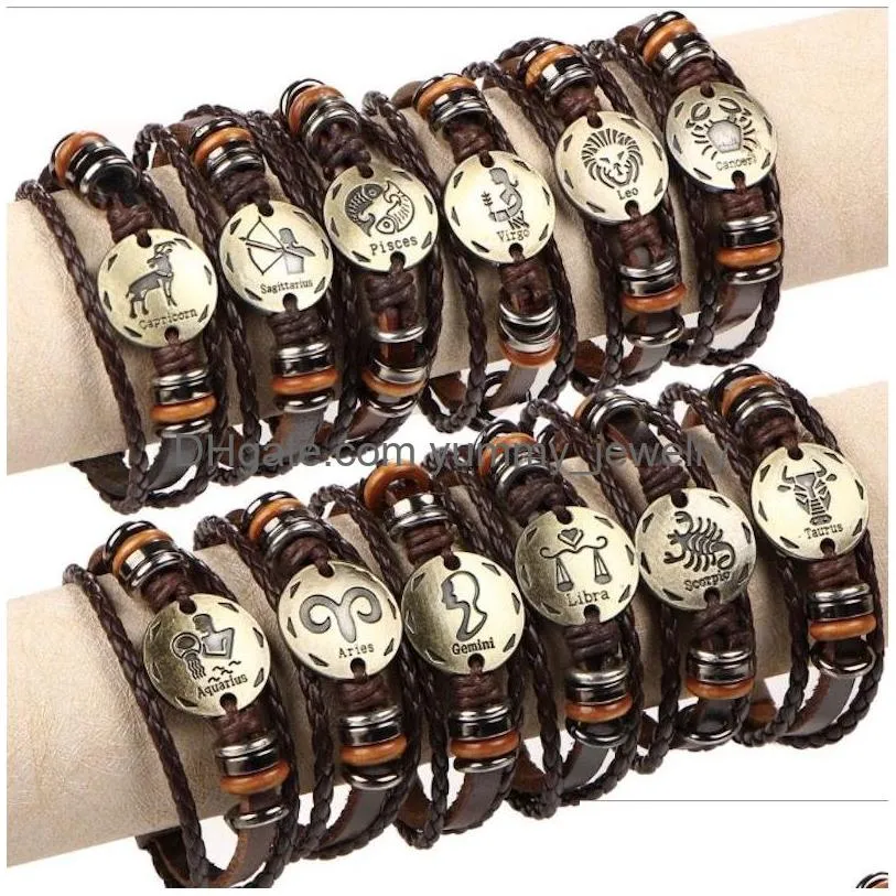 Charm Bracelets 12 Constellations Bracelet Fashion Jewelry Gift Leather Men Casual Personality Zodiac Signs Punk Charm Bracelets For Dhhnt