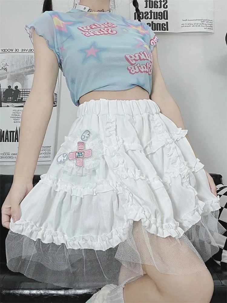 Jupes Deeptown Kawaii Jupe Blanche Femmes Lolita Dentelle Patchwork Irrégulière Taille Haute Mignon Mini Harajuku Style Japonais Fille Douce