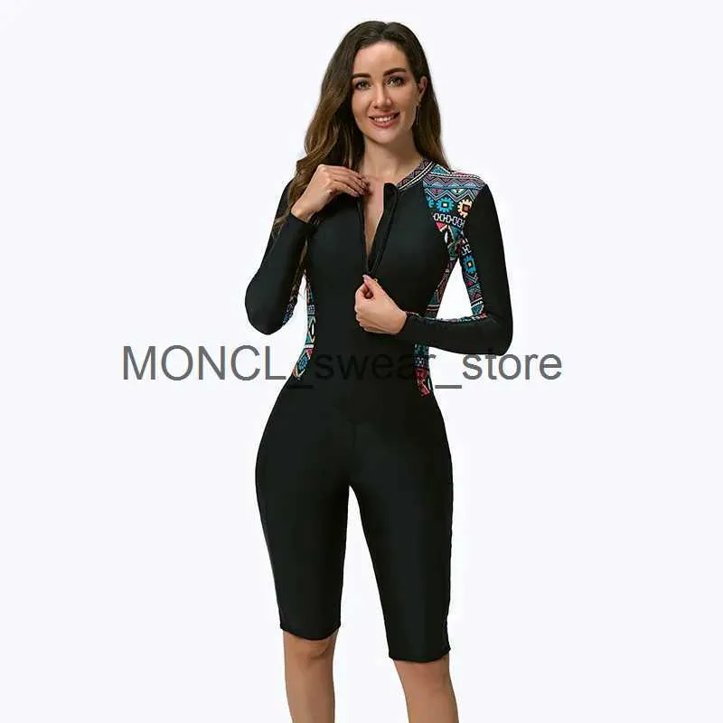 Traje de baño de manga larga para mujer, traje de baño de una pieza para mujer, novedad de 2024, ropa de playa deportiva, traje de baño de protección contra sarpullidos, ropa de Surf SummerH24222