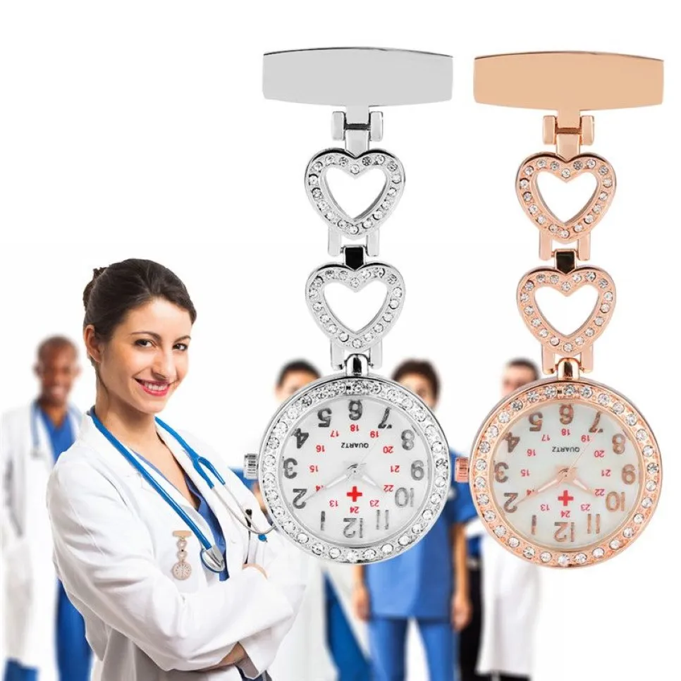 Prata rosa ouro aço inoxidável enfermeira relógio médico coração flor diamante design médico fob relógios de bolso de quartzo pingente clock260l