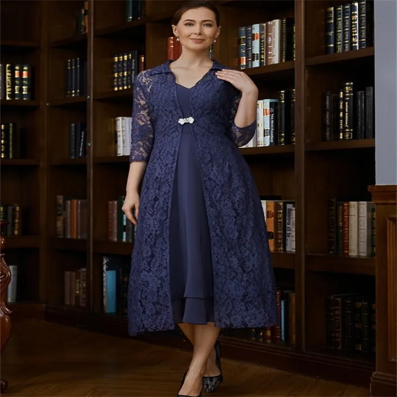 Abiti per la madre della sposa blu navy Elegante pizzo lunghezza tè Abito per invitati a un matrimonio con maniche scollo a V 2024 Abiti da sera Mamma Occasioni formali Abiti da festa De Gala Mujer