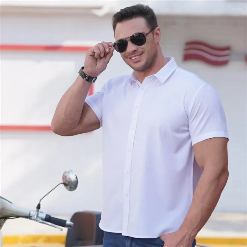 남성용 캐주얼 셔츠 2024 여름 남자 짧은 소매 솔리드 버스 사업 드레스 셔츠 패션 흰색 탄력성 탑 의류 사무실 착용