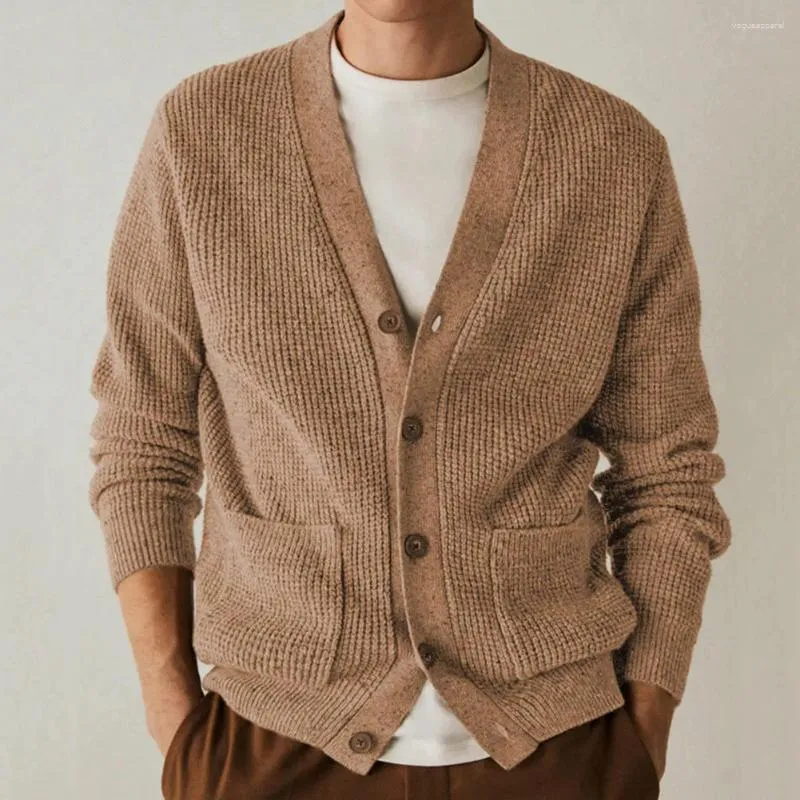 Мужские свитера, мужской классический кардиган с v-образным вырезом, свитер с длинным рукавом на пуговицах, коричневое пальто
