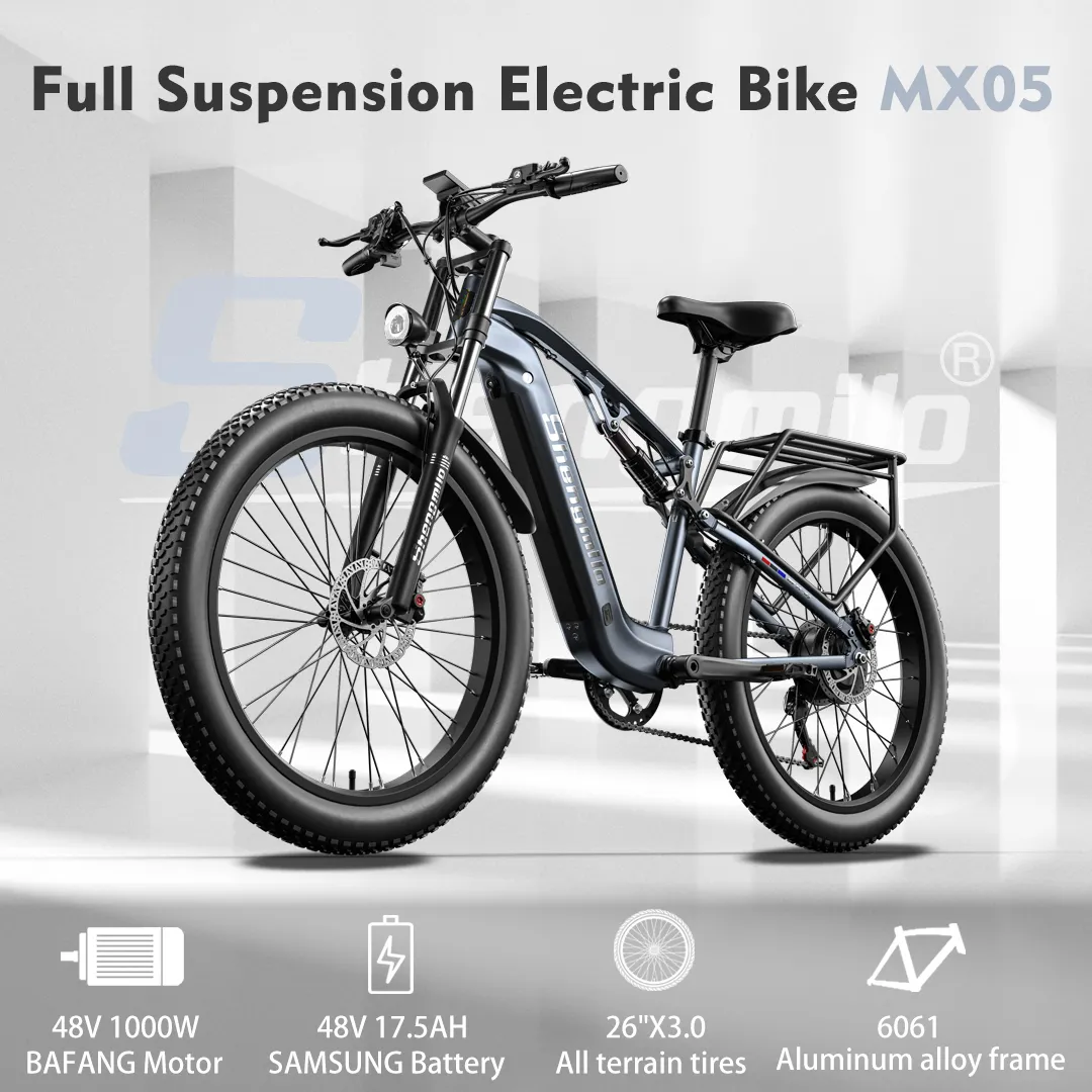 Shengmilo 26 tum elektrisk mountainbike 1000W Peak E-MTB BAFANG FULL Suspension Ebike City Fat Tire Bicycle 17.5AH 48V Samsung E-Bike Shimano 7 Speed ​​Moped 40 km/h