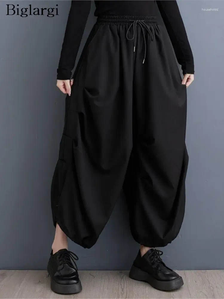 Pantaloni da donna Primavera Autunno Lunghi Harem da donna Casual larghi a pieghe Pantaloni da donna alla moda Elastico a vita alta Donna nera oversize