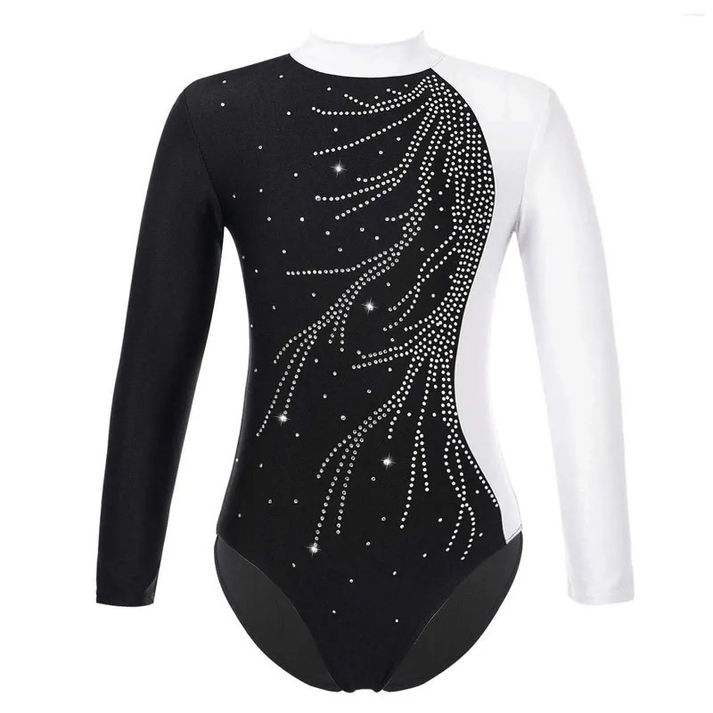 Stage Wear Kids Girls Gymnastics Leotard Shiny Faux Diamonds Ballerina Dance Costume Mock Neck Long Sleeve Athletics Child Bodysuit