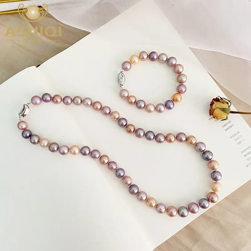 Set Ashiqi Big Natural Freshwater Pearl Purple Color Smycken Set 925 Sterling Silver Necklace Armband för Women Gift