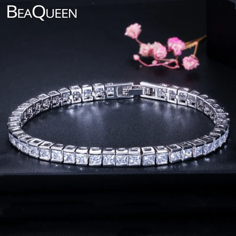 Bracelets BeaQueen Fashion Women Bridal Wedding Jewelry Silver Color 3mm Square Cut Setting Tennis Bracelets with Cubic Zirconia B025