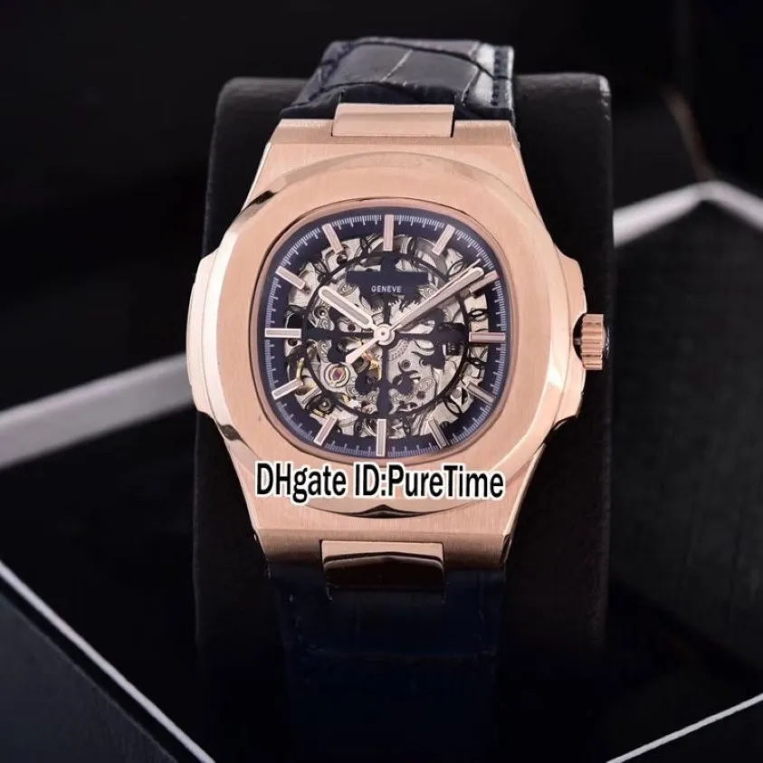 الكلاسيكية الجديدة 5711 Rose Gold Blue Skeleton Logo Big Asia 2813 Mens Aments Watch Blue Leather Strap Watches 12 Colos PureTime PB30298E