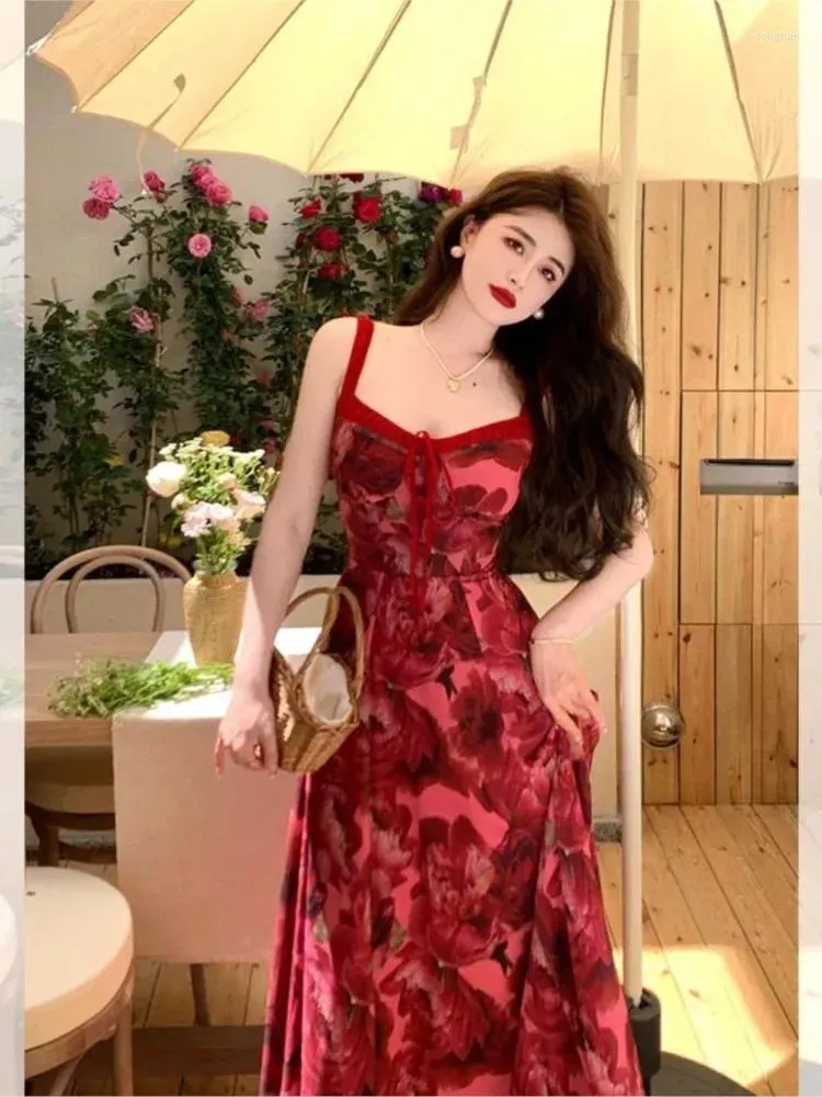 Casual Dresses Summer Elegant Women French Romantic Floral Print Dress Lady Sleeveless Sexy Slim Holiday Beach Female Vintage Party