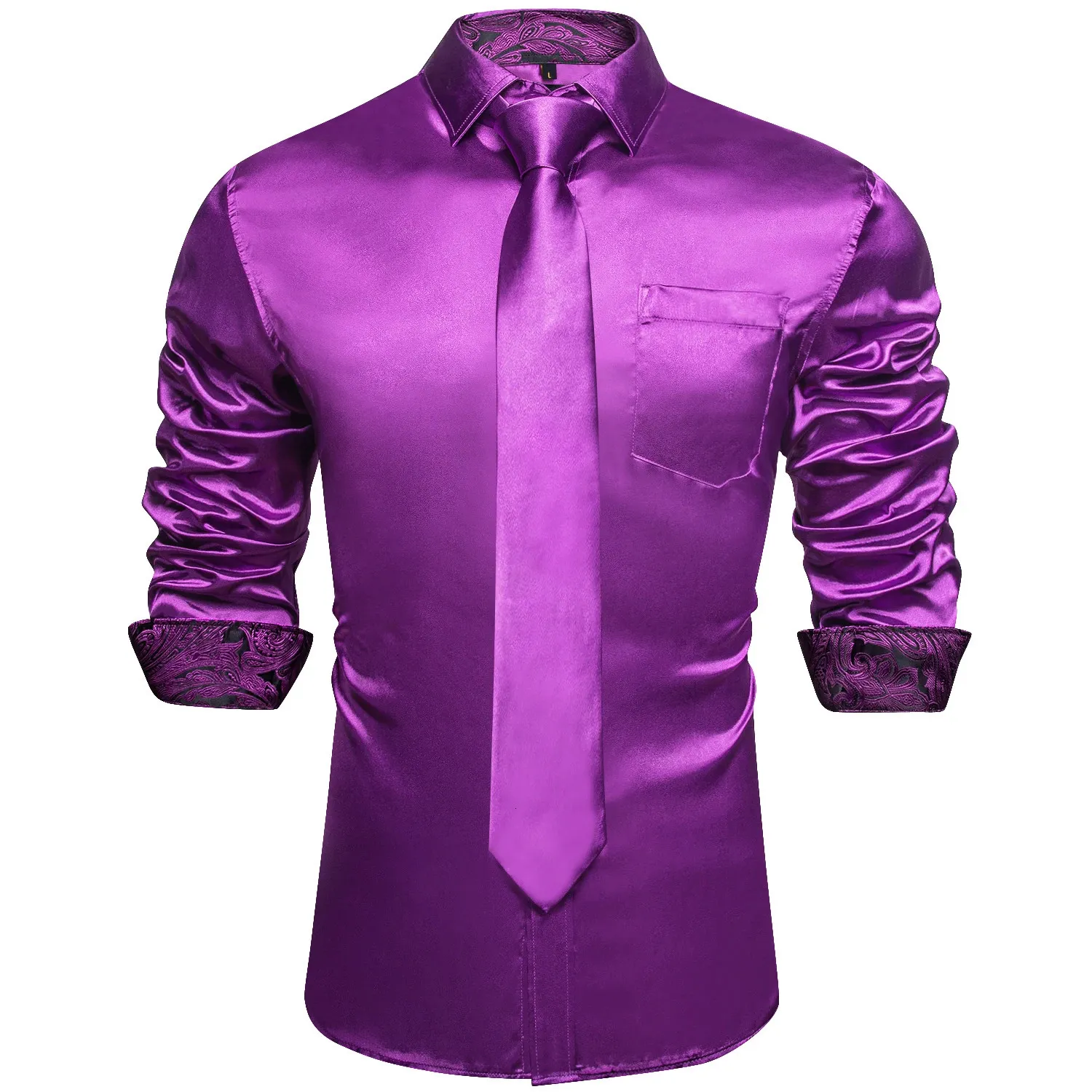 Mens Purple Satin Luxury Dress Shirts Silk Smooth Soild Wedding Party Social Tuxedo Prom Shirt Långärmad topp Topp Casual Men tyg 240219