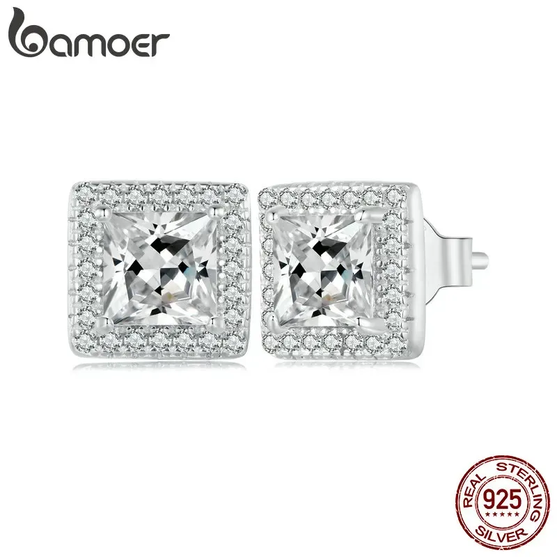 Brincos bamoer 925 prata esterlina quadrado halo cz brincos hipoalergênicos elegantes banhados a platina joias da moda bse895