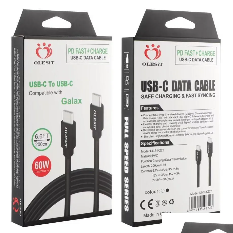 Cables de teléfono celular Olesit PD 60W 30W 27W USB C para cargar datos del cargador para teléfono inteligente Huawei Tipo-C 3 pies 6 pies 10 pies Teléfono de entrega de caída Dhbwj