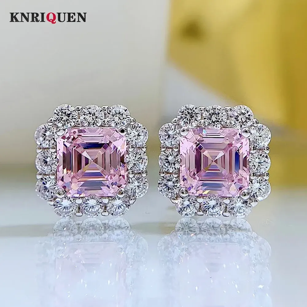 Earrings Luxury 100% 925 Sterling Silver 7*7mm Pink Quartz Topaz Stud Earrings for Women Lab Diamond Wedding Engagement Fine Jewelry Gift