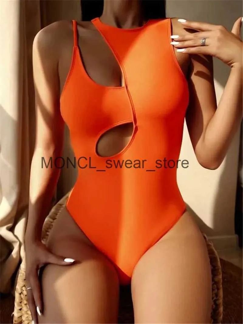 Женские купальники, сексуальный неоновый оранжевый женский черный бикини с высоким воротом, женский купальный костюм с вырезами, цельный купальник, монокини для плавания H24222